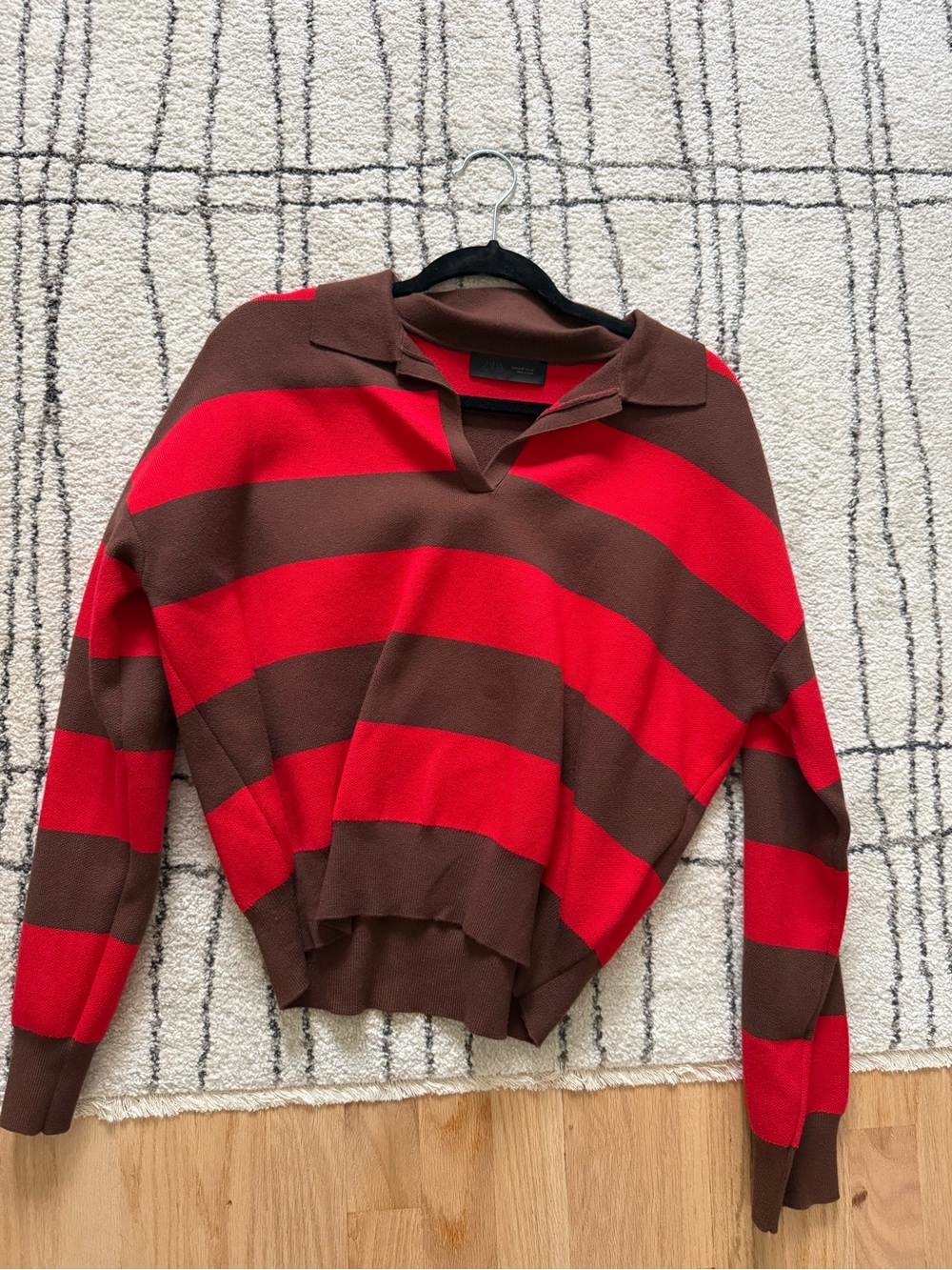 Zara Red and Brown Striped Knit Polo Sweater